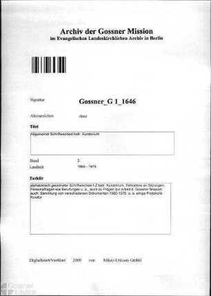 Allgemeiner Schriftwechsel betr. Kuratorium