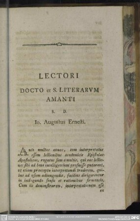 Lectori Docto et S. Literarum Amanti S. D. Io. Augustus Ernesti