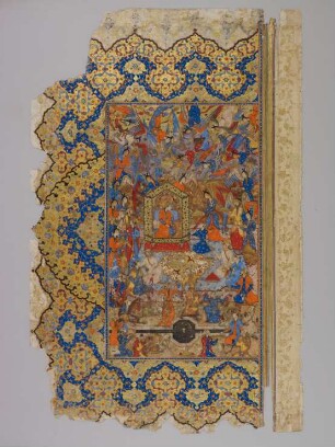Illustration: Bilqīs, Königin von Sabā, thront inmitten von Parīs und Dienerinnen