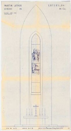 Martin-Luther-Kirche Gütersloh: Altar vor dem Chorfenster, Ansicht 1:20