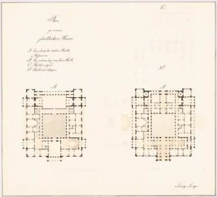 Fürstenwohnhaus für die Wittelsbacher, München: Vorentwurf, Grundriss 1. und 2.OG, Gartenanlage