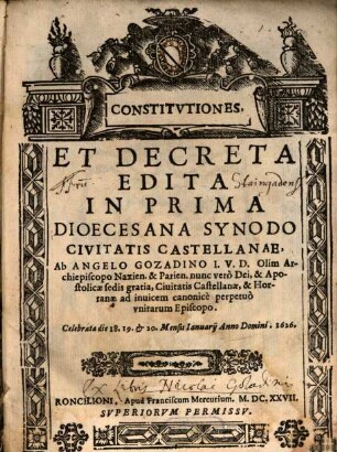 Constitutiones et decreta, edita in prima synodo dioecesana civitatis Castellanae