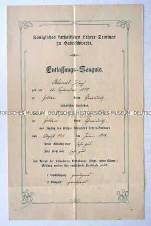 Abschlusszeugnis des Königlichen katholischen Lehrer-Seminars Habelschwerdt