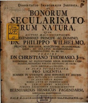 Dissertatio inauguralis iuridica de bonorum secularisatorum natura