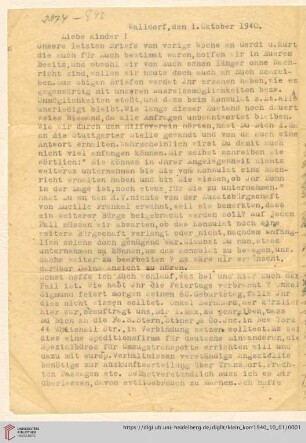 Korrespondenz von Alice und Ludwig Klein: Brief von Alice Klein und Ludwig Klein an Max Klein und Susanne Klein