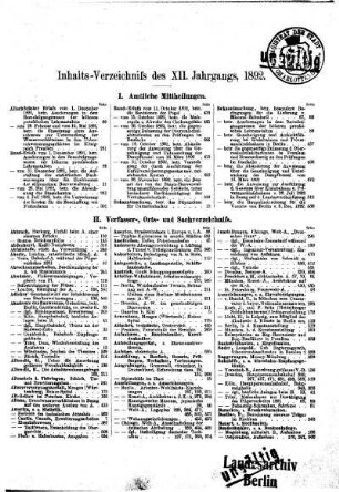 Inhalts-Verzeichniß des XII. Jahrgangs, 1892.