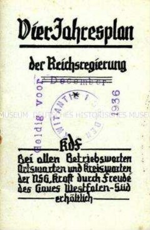 Kommunistische Tarnschrift über das Vierjahresprogramm der Hitler-Regierung im Layout eines Anleitungsheftes für KdF-Betriebswarte