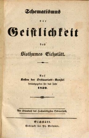 Schematismus der Diözese Eichstätt. 1839, 1839