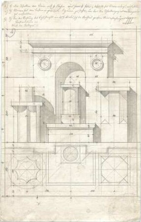 Lange, Ludwig; Darstellende Geometrie - Schattenwurf an der Phantasiearchitektur (Grundriss, Ansicht)