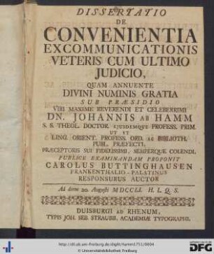 Dissertatio De Convenientia Excommunicationis Veteris Cum Ultimo Judicio
