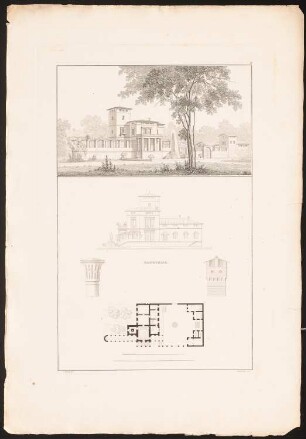Gartenhaus: Grunsriss, Perspektivische Ansicht, Ansicht, Details (aus: Architektonische Entwürfe aus der Sammlung des Architektenvereins zu Berlin, H.2, 1835)