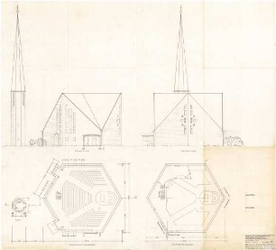 Gulbransson, Olaf Andreas; Ulm - Wiblingen; Versöhnungskirche - Südansicht; Ostansicht; Grundriss EG, Grundriss Emporengeschoss