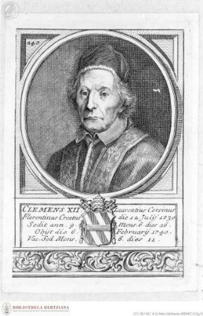 Unbekannte Sammlung numerierter Papstbildnisse in rundem Medaillon über wappenbewehrter Inschrift, mit Zierleiste in Akanthusornamentik, Clemens XII., Papst, Porträt