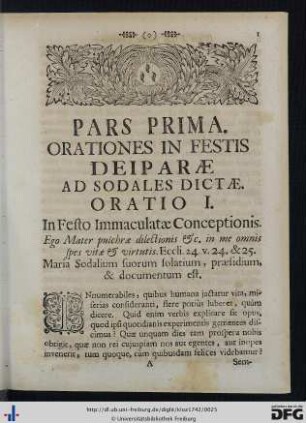 Pars Prima. Orationes In Festis Deiparae Ad Sodales Dictae.