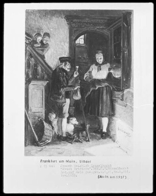 Prost Grittche / Alter Bauer und junges Mädchen in Schwälmer Tracht im Eingangsraum eines Hauses