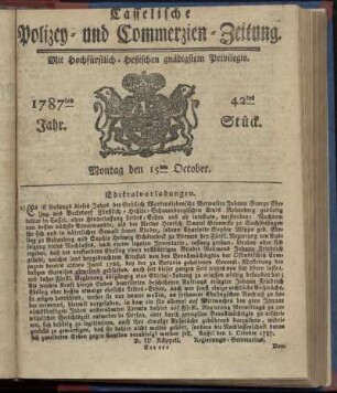 42tes Stueck, Montag den 15ten October. 1787