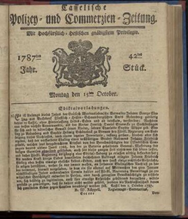 42tes Stueck, Montag den 15ten October. 1787