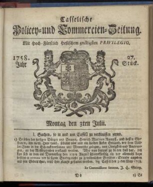 27. Stueck, Montag den 3ten Julii 1758