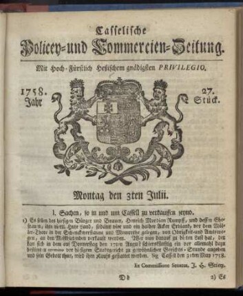 27. Stueck, Montag den 3ten Julii 1758
