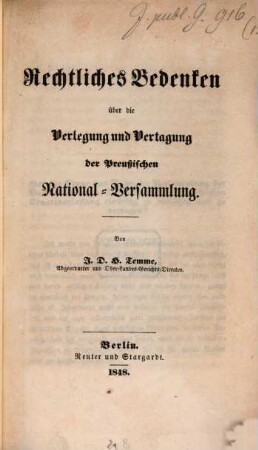 Rechtliches Bedenken über die Verlegung und Vertagung der Preußischen Nationalversammlung
