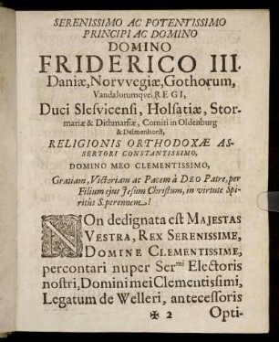 Serenissimo Ac Potentissimo Principi Ac Domino Domino Friderico III. Daniæ, Norwegiæ, Gothorum [...]