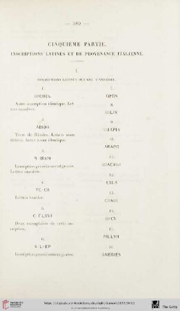 Cinquième partie: Inscriptions latines et de Provenance Italienne
