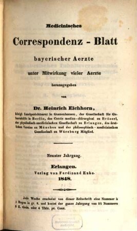 Medicinisches Correspondenz-Blatt bayerischer Aerzte. 9. 1848