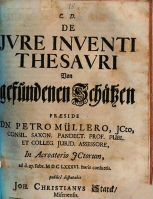 De Iure Inventi Thesauri : = Von Gefundenen Schätzen