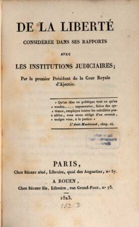 De la liberté considérée dans ses rapports avec les institutions iudiciaires
