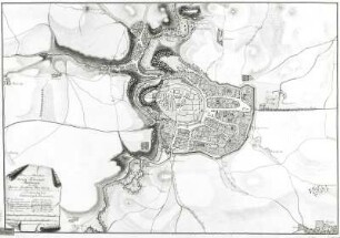 Plan und Situation der Haupt_Sechsstadt Budissin ..., D. E. Gadow, ca. 1 : 50 000, lavierte Zeichnung, Ludewig von Kanne ; 50,7 x 71,2 cm, Bautzen, 1773