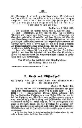 Schutz der geschichtlichen und Naturdenkmäler - Heimatschutz : [B. Kunst und Wissenschaft]