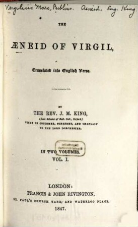 The Aeneid of Virgil, translated into English verse : By J(ohn) M(yers) King. In 2 vol.. 1