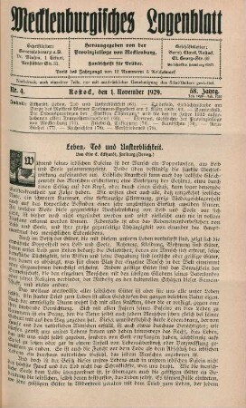 Nr. 4. Rostock, den 1. November 1929. 58. Jahrg.
