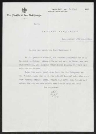 Brief von Paul Löbe von Reichspräsident Deutsches Reich Deutschland an Gerhart Hauptmann