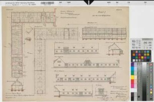Münster (Münster) Trainkaserne Stall I (3.u.4. Eskadron) Bl. 19 Grundrisse, Ansichten, Schnitte (1913)1917(1920) 1 : 200 50 x 66 farb. Druck Maschke, Regierungsbaumeister Hochbauamt Münster