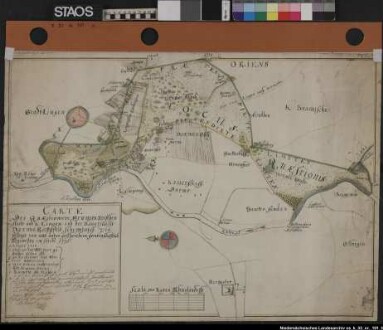 Grenze zwischen der Grafschaft Lingen und dem Hochstift Münster an der Ems: von der Einmündung der "Ahe" bis zur Einmündung der "oly Becke". 1770 (1776) "Carte der quaestionirte Graenzen zwischen Stadt und K.Lingen, und der Bauerschafft Darme, Kirßpfels Schepstorff." Zwischen den streitigen Grenzlinien topographische Darstellung. Schematische Darstellung von Lingen, Darme und Schepsdorf sowie der Güter "von Reuß zu Pinning" und Herzford." Ausf.-Art: Farbige Zeichnung auf Leinen gezogen Herst.: Joan Henri Berteling, Joh.Ludw. Friemel Format: 51 x 72 cm Maßstab: ca. 1 : 12000