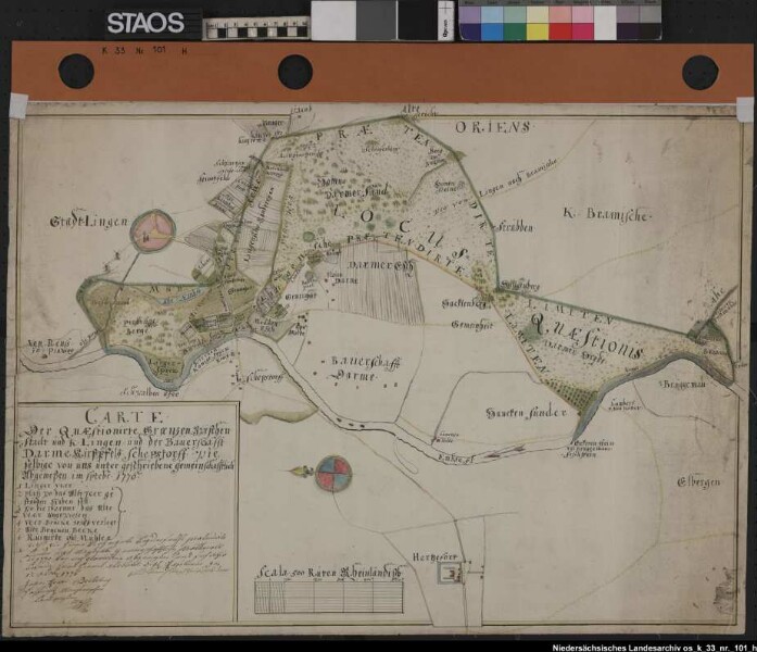 Grenze zwischen der Grafschaft Lingen und dem Hochstift Münster an der Ems: von der Einmündung der "Ahe" bis zur Einmündung der "oly Becke". 1770 (1776) "Carte der quaestionirte Graenzen zwischen Stadt und K.Lingen, und der Bauerschafft Darme, Kirßpfels Schepstorff." Zwischen den streitigen Grenzlinien topographische Darstellung. Schematische Darstellung von Lingen, Darme und Schepsdorf sowie der Güter "von Reuß zu Pinning" und Herzford." Ausf.-Art: Farbige Zeichnung auf Leinen gezogen Herst.: Joan Henri Berteling, Joh.Ludw. Friemel Format: 51 x 72 cm Maßstab: ca. 1 : 12000