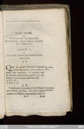 Pars Prima. De Origine Et Ulteriore Incremento Urbis Romae Gentisque Romanae.