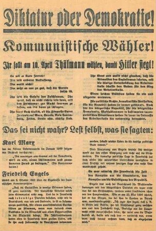 Flugblatt zur Reichspräsidentenwahl mit Aufforderung an kommunistische Wähler, Hindenburg zu wählen
