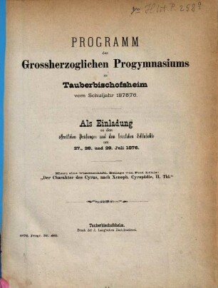 Programm des Grossherzoglichen Progymnasiums zu Tauberbischofsheim : für das Schuljahr .... 1875/76