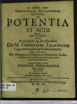 Exercitationum metaphysicarum octava ... De potentia et actu