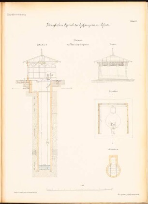 Gericht und Gefängnis, Glatz: Brunnen zum Männergefängnis: Ansicht, 2 Schnitte, Ansicht 1:50