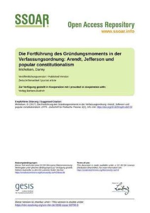 Die Fortführung des Gründungsmoments in der Verfassungsordnung: Arendt, Jefferson und popular constitutionalism