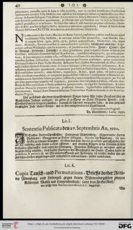 Lit. I. Sententia publicata den 27.Septembris An. 1560
