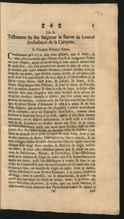 Lit. A. Testament du feu Seigneur le Baron de Leerod Archidiacre de la Campine
