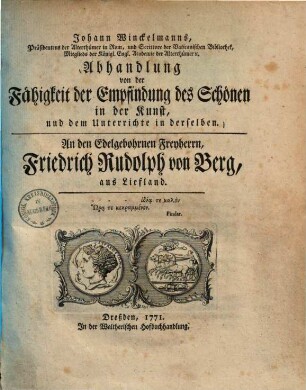 Johann Winckelmanns Abhandlung von der Fähigkeit der Empfindung des Schönen in der Kunst und dem Unterrichte in derselben
