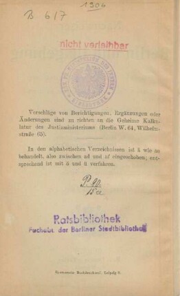 Stempel: Kön. Pr. Ministerium des Innern. Bibliothek