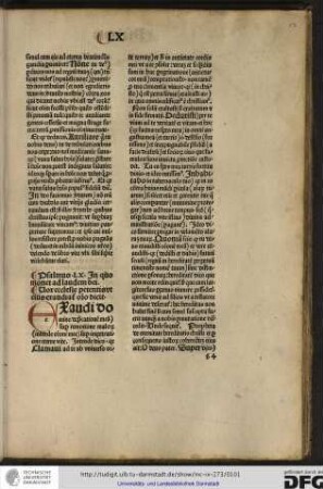 Psalmus LX, in quo monet ad laudem dei. Vox ecclesie petentis ut eius exaudiatur oratio dicit.