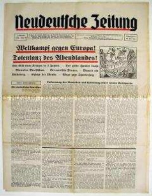 Völkische Wochenzeitung "Neudeutsche Zeitung" u.a. über den Gefährdung des "Abendlandes"