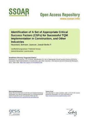 Identification of A Set of Appropriate Critical Success Factors (CSFs) for Successful TQM Implementation in Construction, and Other Industries